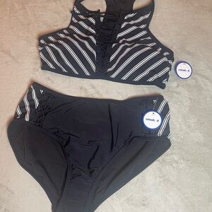 Swimsuits For All Black & White Striped Lace-Up High-Neck Bikini Set